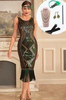 Laden Sie das Bild in den Galerie-Viewer, Fransen Grüne Pailletten Ärmelloses Flapper Kleid mit Accessoires Set