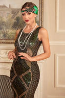 Laden Sie das Bild in den Galerie-Viewer, Fransen Grüne Pailletten Ärmelloses Flapper Kleid mit Accessoires Set