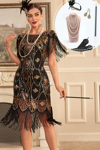 Schwarz Golden Pailletten Fransen 1920er Jahre Flapper Kleid mit 20er Jahren Accessoires Set