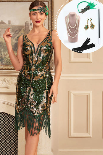 Grünes goldenes Pailletten Fransen Set aus den 1920er Jahren Gatsby Kleid mit Accessoires