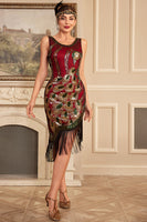 Laden Sie das Bild in den Galerie-Viewer, Glitzerndes burgunderrotes Pailletten Fransen 1920er Jahre Flapperkleid mit Accessoires Set