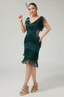 Laden Sie das Bild in den Galerie-Viewer, Dunkelgrünes Figurbetontes Gestuftes Kleid aus den 1920er Jahren mit Pailletten und 5-teiligem Zubehörset