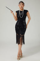 Laden Sie das Bild in den Galerie-Viewer, Schwarzes Figurbetontes Paillettenkleid aus den 1920er Jahren mit Fransen und 5-teiligem Accessoire-Set