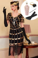 Laden Sie das Bild in den Galerie-Viewer, Glitzerndes Schwarzes Goldenes Fransiges Pailletten Bodycon Midi 20er Jahre Kleid mit fünfteiligen Accessoires-Set