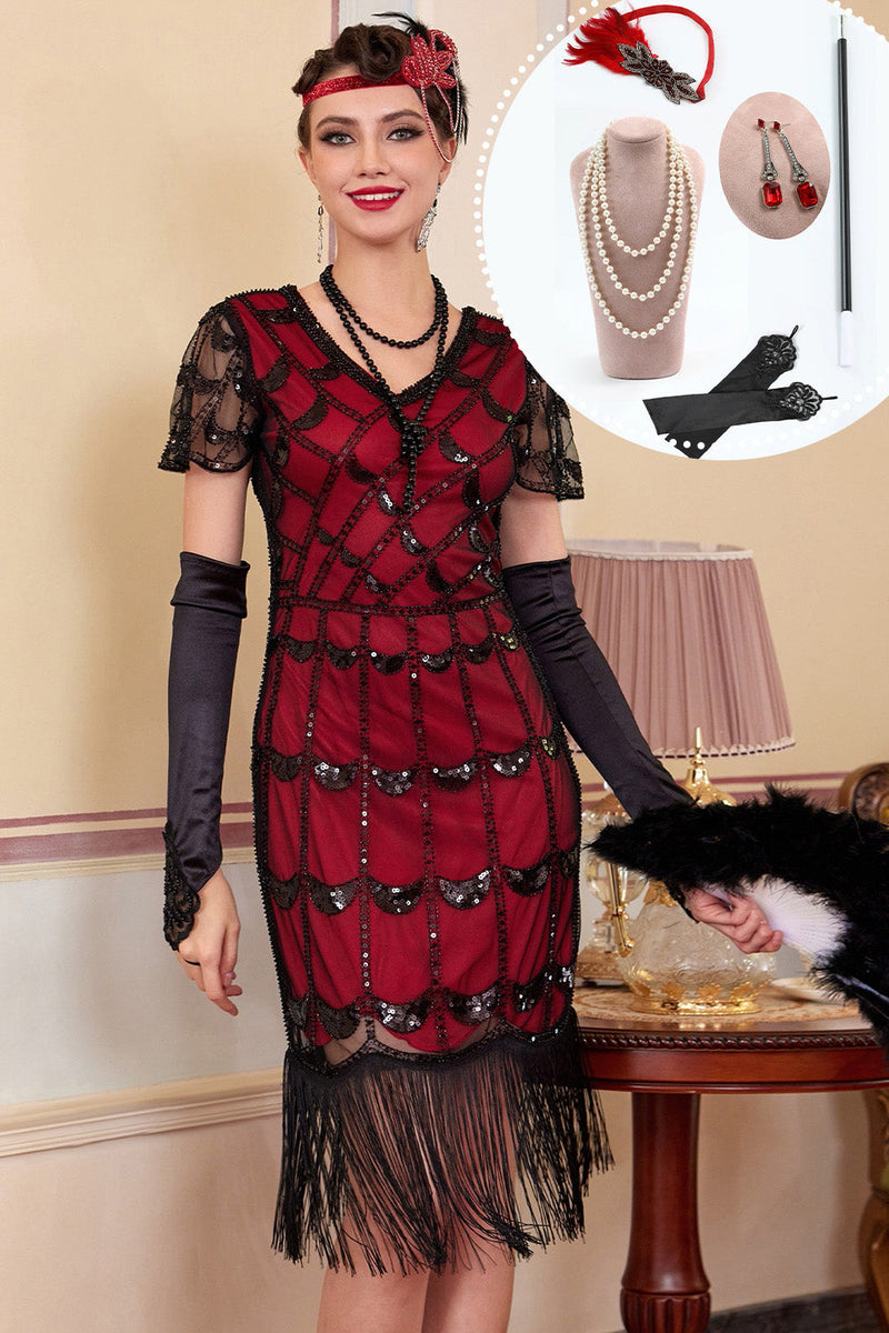 Laden Sie das Bild in den Galerie-Viewer, Schwarze Rote Pailletten V-Ausschnitt Bodycon Fransen Midi 20er Jahre Kleid mit fünfteiligen Accessoires-Set