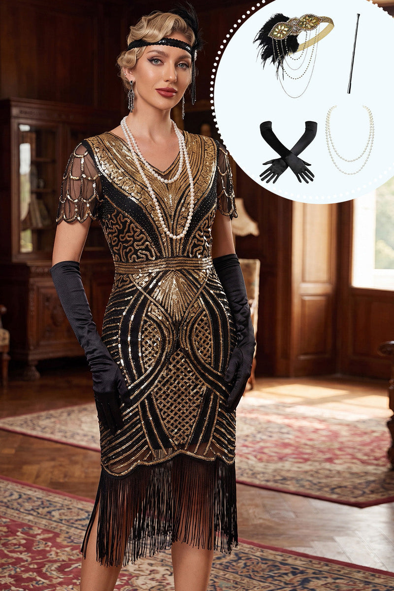 Laden Sie das Bild in den Galerie-Viewer, Glitzerndes Schwarzes Goldenes Bodycon Fransen Transparentes Kurzärmel Midi 20er Jahre Kleid mit vierteiligem Accessoire-Set