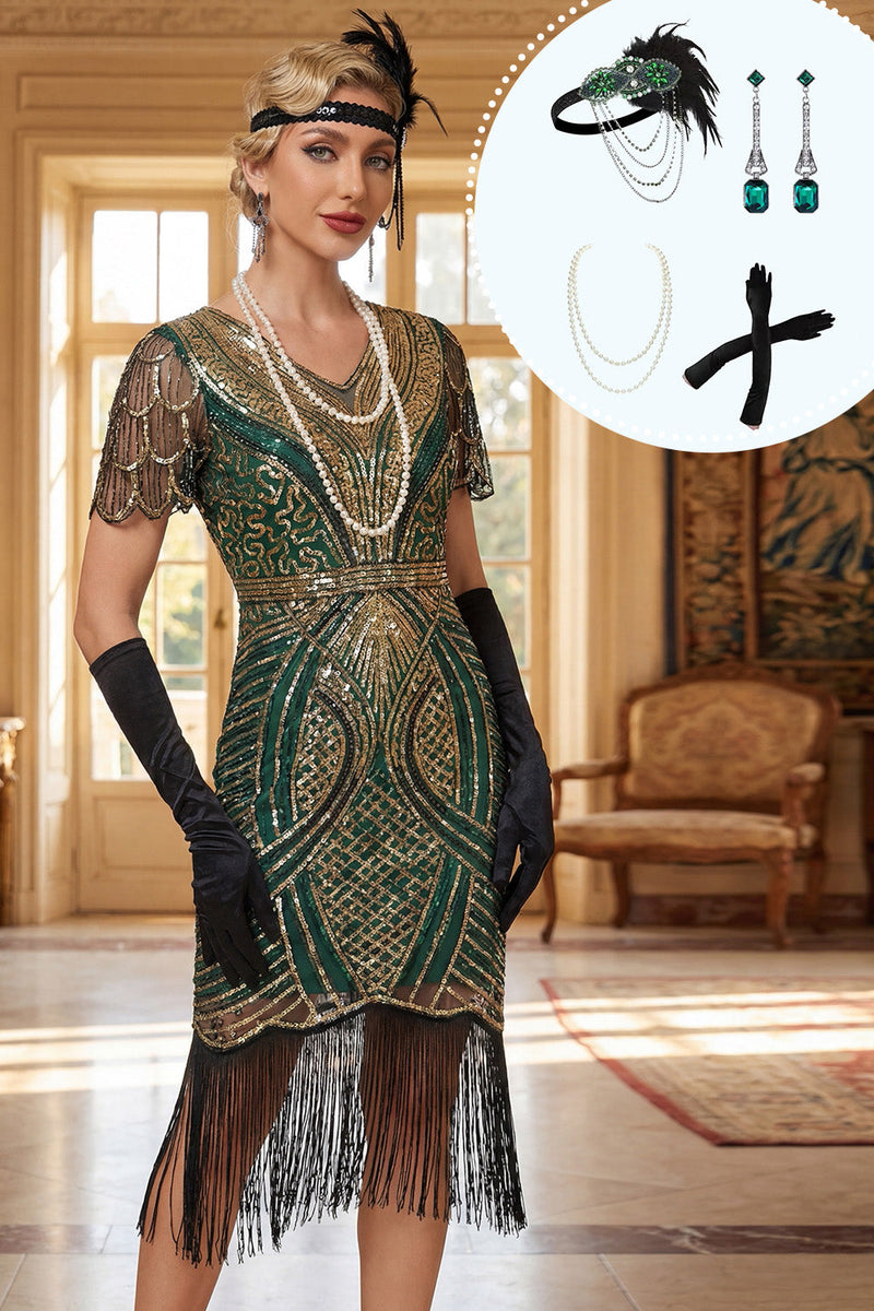 Laden Sie das Bild in den Galerie-Viewer, Grünes Goldenes V-Ausschnitt Pailletten Fransen Bodycon Midi 20er Jahre Kleid mit vierteiligem Accessoire-Set