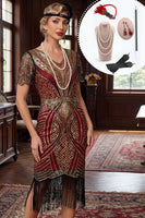 Laden Sie das Bild in den Galerie-Viewer, Glitzerndes Rotes Goldenes V-Ausschnitt Pailletten Fransen Bodycon Midi 20er Jahre Kleid mit fünfteiligen Accessoires-Set