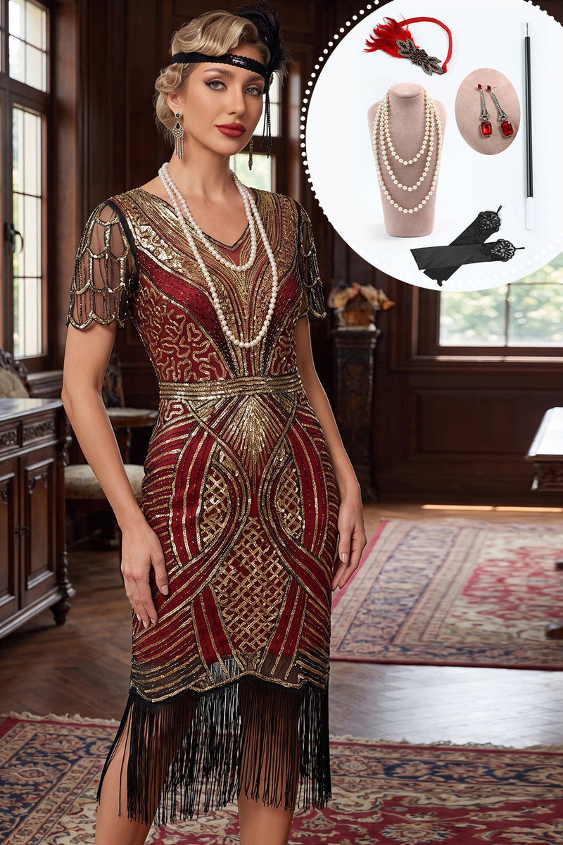 Laden Sie das Bild in den Galerie-Viewer, Glitzerndes Rotes Goldenes V-Ausschnitt Pailletten Fransen Bodycon Midi 20er Jahre Kleid mit fünfteiligen Accessoires-Set