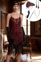 Laden Sie das Bild in den Galerie-Viewer, Schwarze Rotes Pailletten Spaghettiträger Bodycon Fransen Midi 20er Jahre Kleid mit fünfteiligem Accessoire-Set