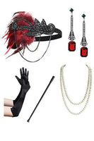Laden Sie das Bild in den Galerie-Viewer, Schwarze Rotes Pailletten Spaghettiträger Bodycon Fransen Midi 20er Jahre Kleid mit fünfteiligem Accessoire-Set