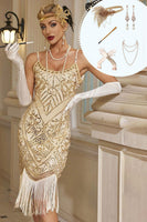 Laden Sie das Bild in den Galerie-Viewer, Bodycon Aprikosen Pailletten Spaghetti-Träger Fransen Midi 20er Jahre Kleid mit fünfteiligen Accessoire-Set