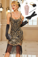 Laden Sie das Bild in den Galerie-Viewer, Schwarzgoldenes Bodycon Spaghetti-Träger mit Pailletten Fransen Midi 20er Jahre Kleid mit Accessoires