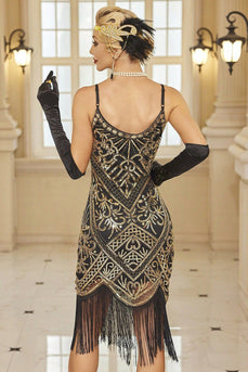 Schwarzgoldenes Bodycon Spaghetti-Träger mit Pailletten Fransen Midi 20er Jahre Kleid mit Accessoires