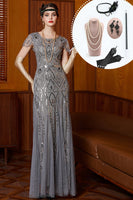 Laden Sie das Bild in den Galerie-Viewer, Graue Rundhals Pailletten Scheide Langes Mützenärmeln 20er Jahre Kleid mit 20er-Jahre-Accessoires-Set