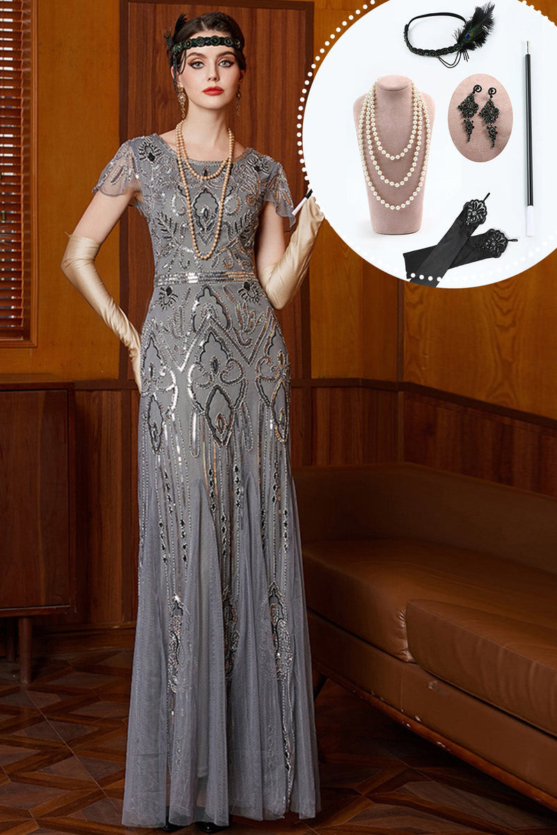 Laden Sie das Bild in den Galerie-Viewer, Graue Rundhals Pailletten Scheide Langes Mützenärmeln 20er Jahre Kleid mit 20er-Jahre-Accessoires-Set