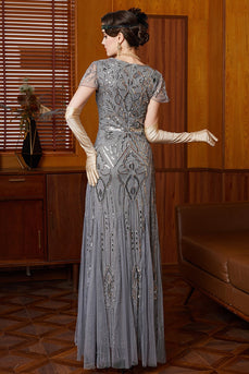 Graue Rundhals Pailletten Scheide Langes Mützenärmeln 20er Jahre Kleid mit 20er-Jahre-Accessoires-Set