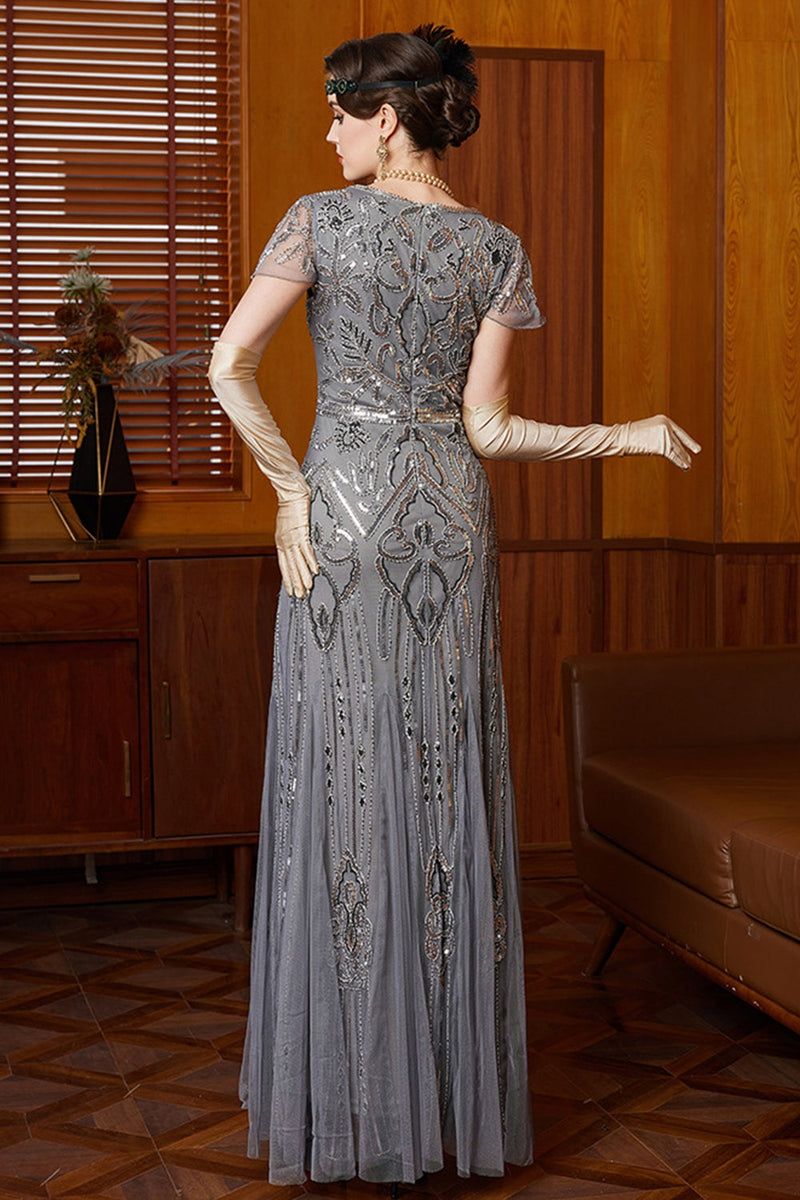 Laden Sie das Bild in den Galerie-Viewer, Graue Rundhals Pailletten Scheide Langes Mützenärmeln 20er Jahre Kleid mit 20er-Jahre-Accessoires-Set
