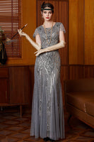 Laden Sie das Bild in den Galerie-Viewer, Graue Rundhals Pailletten Scheide Langes Mützenärmeln 20er Jahre Kleid mit 20er-Jahre-Accessoires-Set