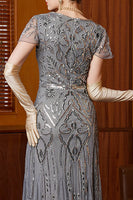 Laden Sie das Bild in den Galerie-Viewer, Graue Rundhals Pailletten Scheide Langes Mützenärmeln 20er Jahre Kleid mit 20er-Jahre-Accessoires-Set