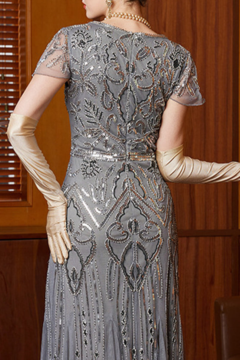 Laden Sie das Bild in den Galerie-Viewer, Graue Rundhals Pailletten Scheide Langes Mützenärmeln 20er Jahre Kleid mit 20er-Jahre-Accessoires-Set