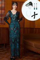 Laden Sie das Bild in den Galerie-Viewer, Glitzerndes Schwarzes blaues V-Ausschnitt Pailletten 20er Jahre Kleid mit vierteiligem Accessoire-Set