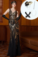 Laden Sie das Bild in den Galerie-Viewer, Schwarzes goldenes V-Ausschnitt Pailletten Meerjungfrauen Tüll 20er Jahre Kleid mit vierteiligem Accessoire-Set