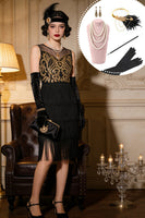 Laden Sie das Bild in den Galerie-Viewer, Schwarz goldenes Illusionskleid Rundhals Scheide Fransen 20er Jahre Kleid mit fünfteiligem Accessoire-Set