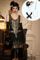 Laden Sie das Bild in den Galerie-Viewer, Schwarzes goldenes Rundhalsiges Pailletten Scheiden Fransen Midi 20er Jahre Kleid mit vierteiligem Accessoire-Set