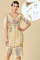 Laden Sie das Bild in den Galerie-Viewer, Aprikosen Scheide V-Ausschnitt Pailletten Fransen Midi 20er Jahre Kleid mit fünfteiligem Accessoire-Set