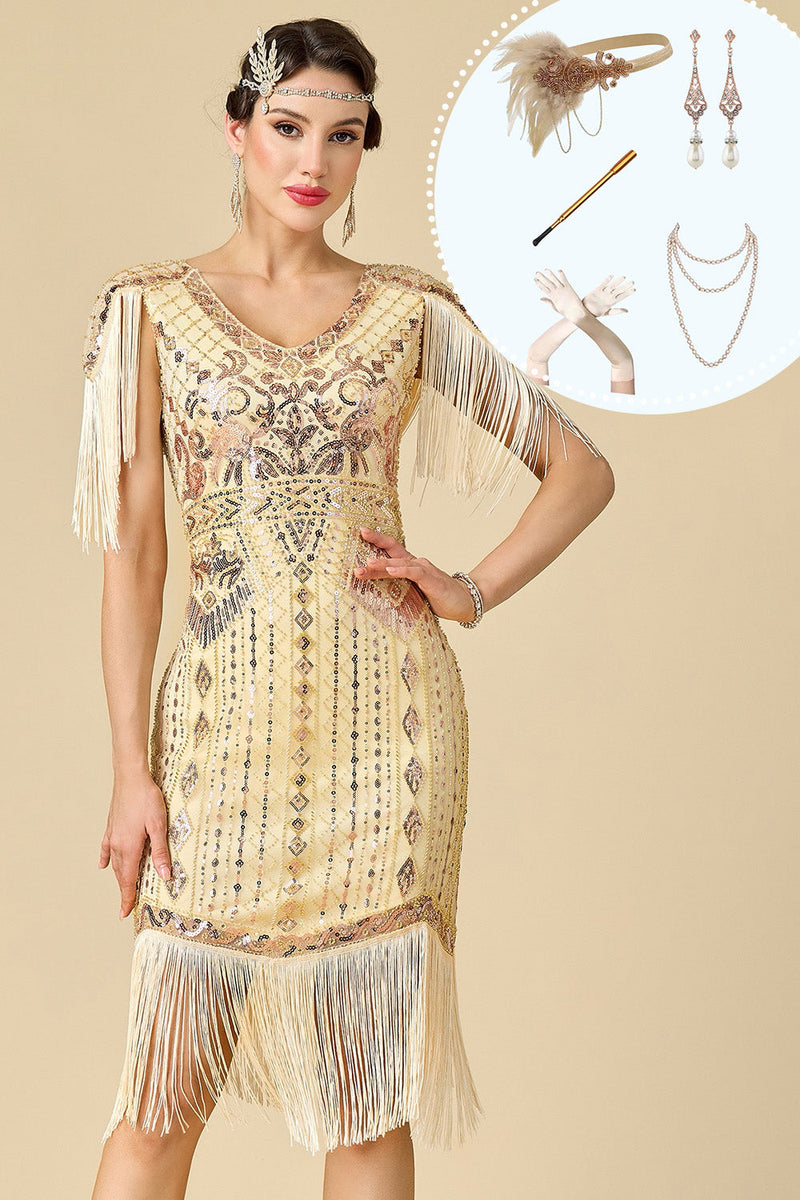 Laden Sie das Bild in den Galerie-Viewer, Aprikosen Scheide V-Ausschnitt Pailletten Fransen Midi 20er Jahre Kleid mit fünfteiligem Accessoire-Set