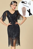 Laden Sie das Bild in den Galerie-Viewer, Schwarzes V-Ausschnitt Scheiden Pailletten Fransen 20er Jahre Kleid mit fünfteiliger Accessoire-Set