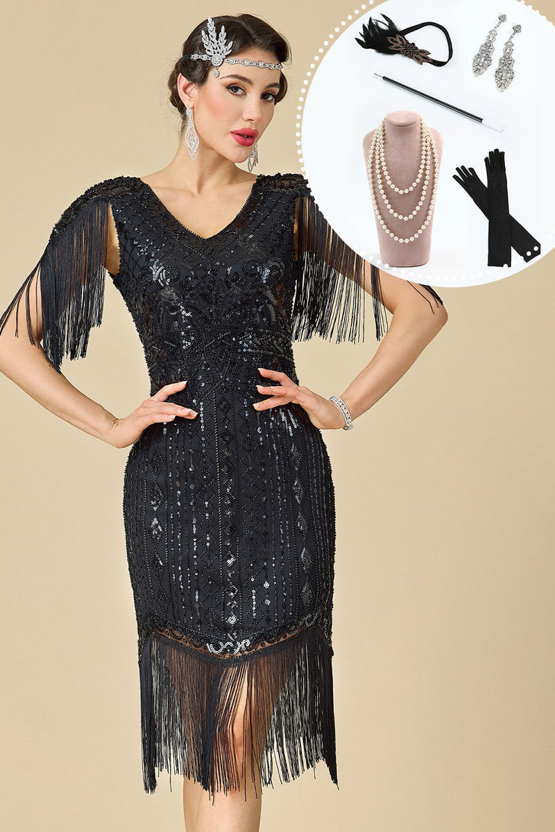 Laden Sie das Bild in den Galerie-Viewer, Schwarzes V-Ausschnitt Scheiden Pailletten Fransen 20er Jahre Kleid mit fünfteiliger Accessoire-Set