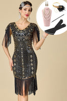Laden Sie das Bild in den Galerie-Viewer, Schwarzes Goldenes V-Ausschnitt Pailletten Bodycon 20er Jahre Kleid mit fünfteiligen Accessoires