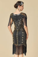 Laden Sie das Bild in den Galerie-Viewer, Schwarzes Goldenes V-Ausschnitt Pailletten Bodycon 20er Jahre Kleid mit fünfteiligen Accessoires