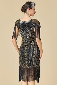 Schwarzes Goldenes V-Ausschnitt Pailletten Bodycon 20er Jahre Kleid mit fünfteiligen Accessoires