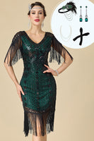 Laden Sie das Bild in den Galerie-Viewer, V-Ausschnitt Schwarz-grünes Bodycon Pailletten Fransen besetztes Midi 20er Jahre Kleid mit vierteiliger Accessoire-Set