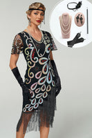 Laden Sie das Bild in den Galerie-Viewer, Schwarzes V-Ausschnitt Pailletten Mehrlagige Fransen Bodycon Midi 20er Jahre Kleid mit fünfteiligen Accessoires-Set