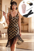 Laden Sie das Bild in den Galerie-Viewer, Schwarze Goldene Spaghettiträger mit Pailletten Fransen Hoch Niedriges 20er Jahre Kleid mit fünfteiligem Accessoire-Set