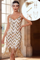 Laden Sie das Bild in den Galerie-Viewer, Weiße Goldene Spaghettiträger Pailletten Bodycon Fransen 20er Jahre Kleid mit fünfteiligem Accessoire-Set