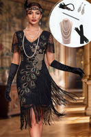 Laden Sie das Bild in den Galerie-Viewer, Schwarzes V-Ausschnitt Pailletten Bodycon Midi 20er Jahre Kleid mit fünfteiligen Accessoire-Set