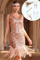 Laden Sie das Bild in den Galerie-Viewer, Roségoldenes V-Ausschnitt Pailletten Bodycon Fransen 20er Jahre Kleid mit fünfteiligen Accessoires-Set