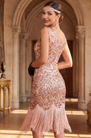 Laden Sie das Bild in den Galerie-Viewer, Roségoldenes V-Ausschnitt Pailletten Bodycon Fransen 20er Jahre Kleid mit fünfteiligen Accessoires-Set
