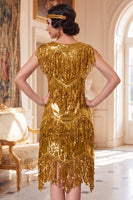 Laden Sie das Bild in den Galerie-Viewer, Glitzerndes Goldenes Rundhals Pailletten 20er Jahre Kleid mit vierteiligen Accessoires