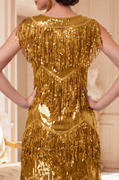 Laden Sie das Bild in den Galerie-Viewer, Glitzerndes Goldenes Rundhals Pailletten 20er Jahre Kleid mit vierteiligen Accessoires