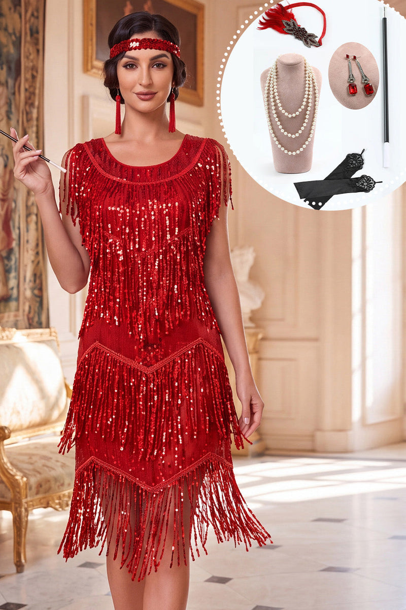Laden Sie das Bild in den Galerie-Viewer, Rotes Rundhals Pailletten Fransen 20er Jahre Kleid mit fünfteiligen Accessoires
