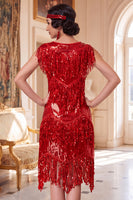Laden Sie das Bild in den Galerie-Viewer, Rotes Rundhals Pailletten Fransen 20er Jahre Kleid mit fünfteiligen Accessoires
