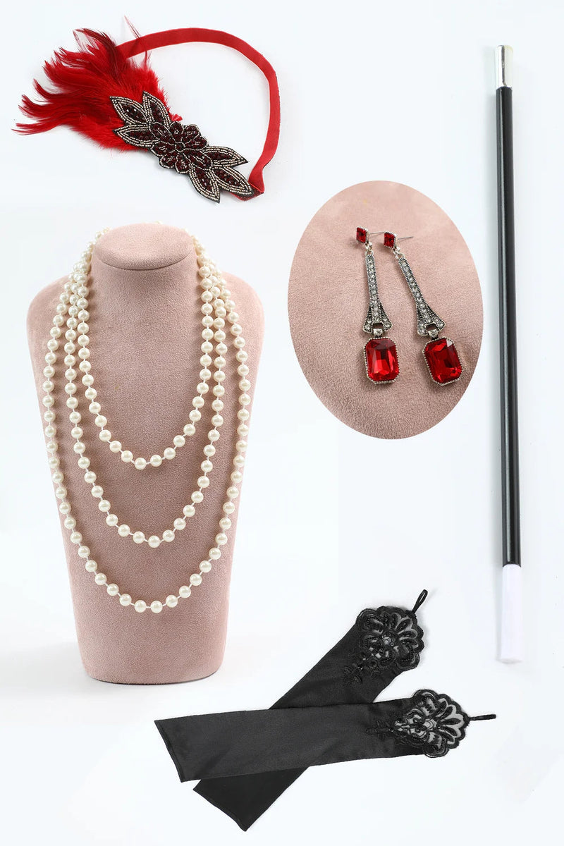 Laden Sie das Bild in den Galerie-Viewer, Rotes Rundhals Pailletten Fransen 20er Jahre Kleid mit fünfteiligen Accessoires