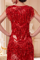Laden Sie das Bild in den Galerie-Viewer, Rotes Rundhals Pailletten Fransen 20er Jahre Kleid mit fünfteiligen Accessoires