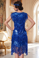 Laden Sie das Bild in den Galerie-Viewer, Königsblaues Pailletten Rundhals Gestuftes Rüschendes Midi 20er Jahre Kleid mit 5-teiligem Accessoire-Set